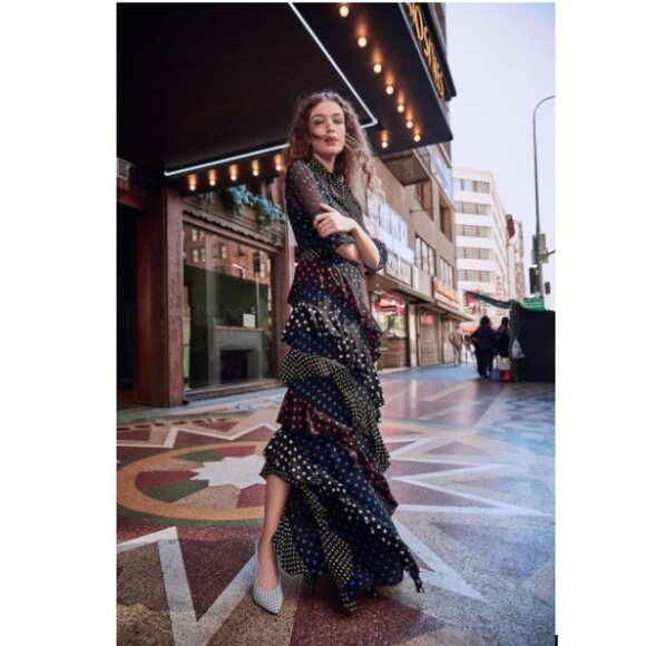 Alice + Olivia Lessie Tie Neck Blouson Sleeve Ruffle Dress - Picture 3 of 14